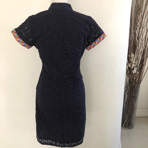 Batik Blue Dress Short Sleeve Aztec Embroidery - Picture 2 of 11